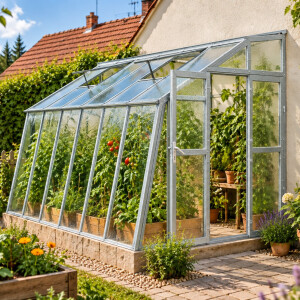 Anlehngewächshaus Domus 3 verzinkt, Tür rechts, Nörpelglas